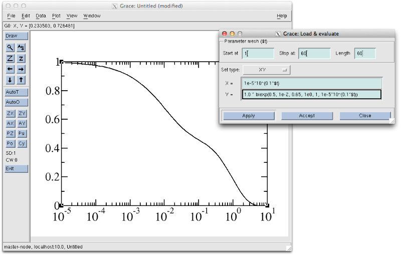 Plotting a bi-exponential decay in Grace via an external function.